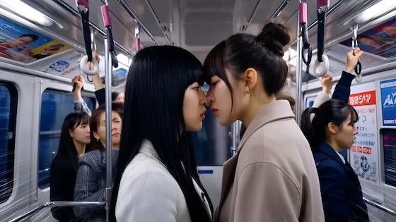 【満員電車2】鼻と鼻を押し付け合って睨み合う本妻と愛人。（キスあり）